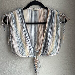 ILLA ILLA Womens Striped V‎ neck Sleeveless Crop Top L Boho Indie Hippie Beachy